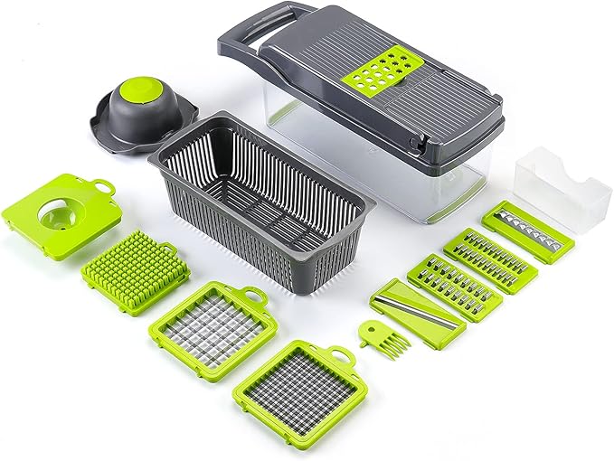 KEOUKE Vegetable Chopper Mandoline Slicer Grey - 12 in 1 Interchangeable Blades Food Chopper with Container, Hand Guard & Drainer, Veggie Dicer Kitchen Gadget for Onion, Cucumber, Tomato, Fruit