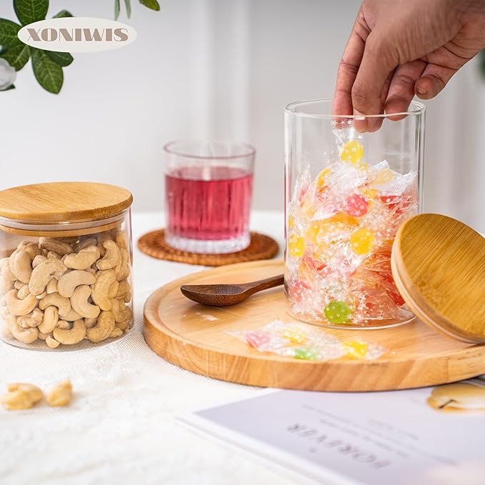 25oz 6PCS Round Airtight Glass Food Storage Jars, Clear Glass Food Storage Container with Bamboo Lid, Stackable Spice Jar, Kitchen Canister for Sugar, Tea, Coffee bean, Pasta, Oat, Spice