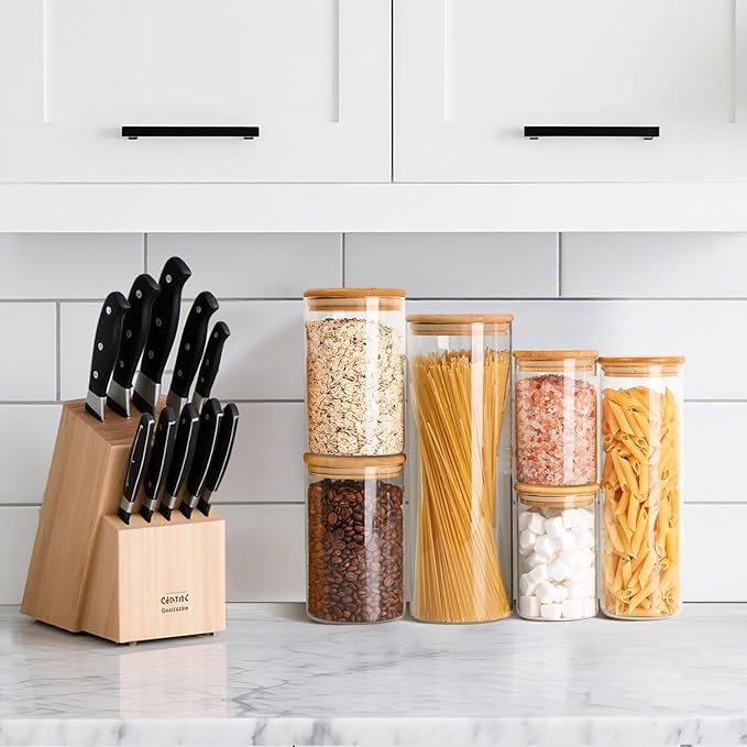 ComSaf Glass Food Storage Jars Set of 6, Clear Glass Storage Containers with Lids, Canisters Sets for the kitchen, Spaghetti, Pasta, Flour, Nuts, Oat