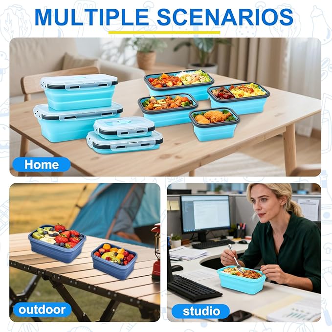 Collapsible Silicone Food Storage Containers 4 Set Airtight Leak Proof Food Containers with Lids Meal Prep for Microwave Freezer Dishwasher for Kitchen Camping Office Sky Blue