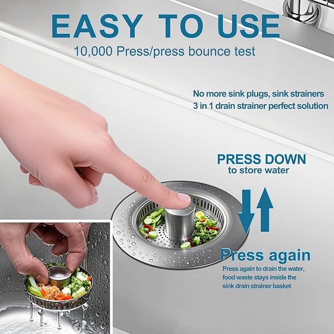 3-in-1 Kitchen Sink Drain Strainer & Stopper, Stainless Steel Food Catcher Plug with Filter Basket, Fits 3-1/2 Inch Drain Hole, Universal Sink Protector Cover, Anti-Clogging, Silver (1, Sus304)