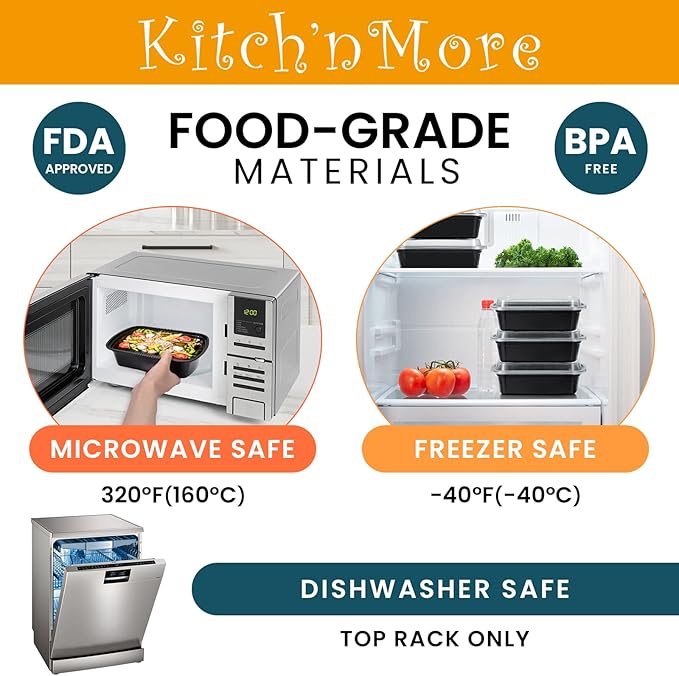 Kitch’nMore 38oz Meal Prep Containers, Extra Large &Thick Food Storage Containers with Lids, Reusable Plastic,Disposable Bento Box,Stackable
