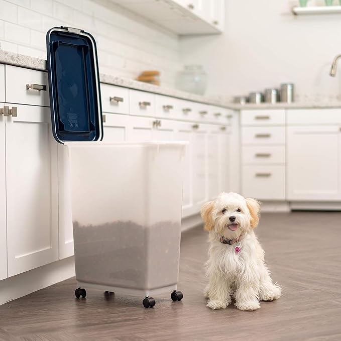 IRIS USA Airtight Dog Food Storage Container, Up to 38 lbs, Attachable Wheels, For Dog Cat Bird and Other Pet Food Storage Bin, Keep Fresh, Easy Mobility, BPA Free, Navy/Pearl