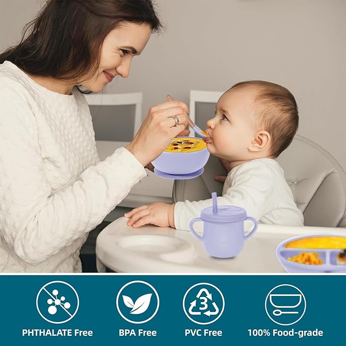 100% Silicone Baby Feeding Set,BPA Free Baby Dishes Set with Suction Bowl Divided Plate,Toddler Self Feeding Dish Set with Spoons Forks Sippy Cup and Bib, Baby Eating Utensils(Purple)