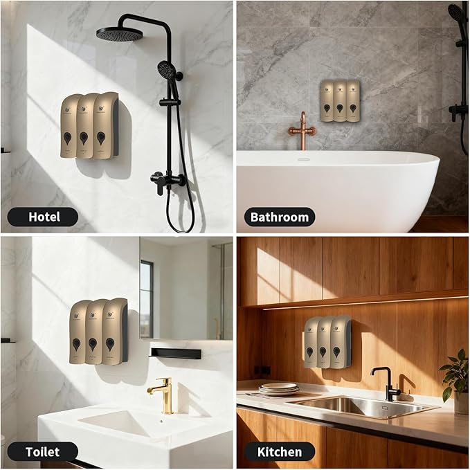 Shampoo Conditioner Body Wash Dispenser, Wall-Mounted Bathroom Soap Dispenser Set of 3(Glod), Refillable Shower Soap Shampoo Dispenser for Bathroom,Kitchen,Hotel and Airbnb