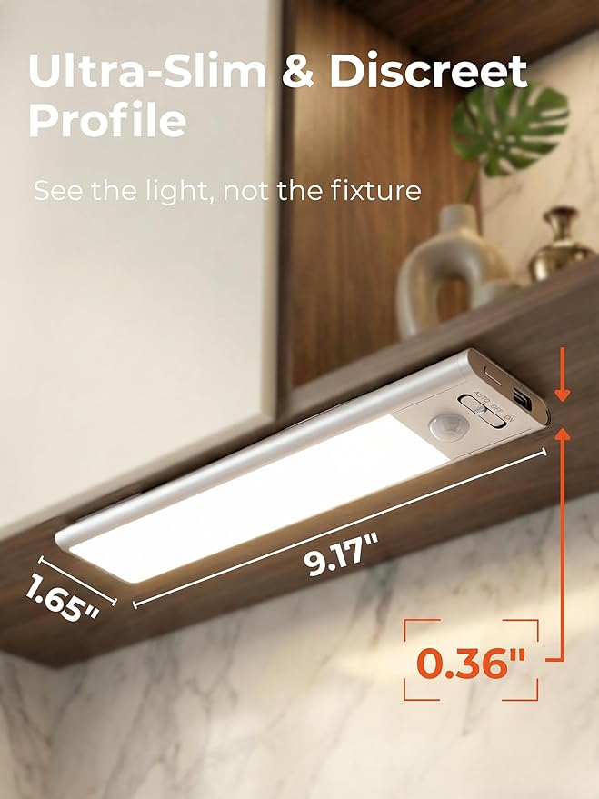 9 inch Under Cabinet Lighting, Cordless USB Rechargeable Motion Sensor Closet Light Indoor, Magnetic Adhesive LED Lights, Peel and Stick Light Bar for Counter, Shelf, Stairs, Pantry (1 Pack)