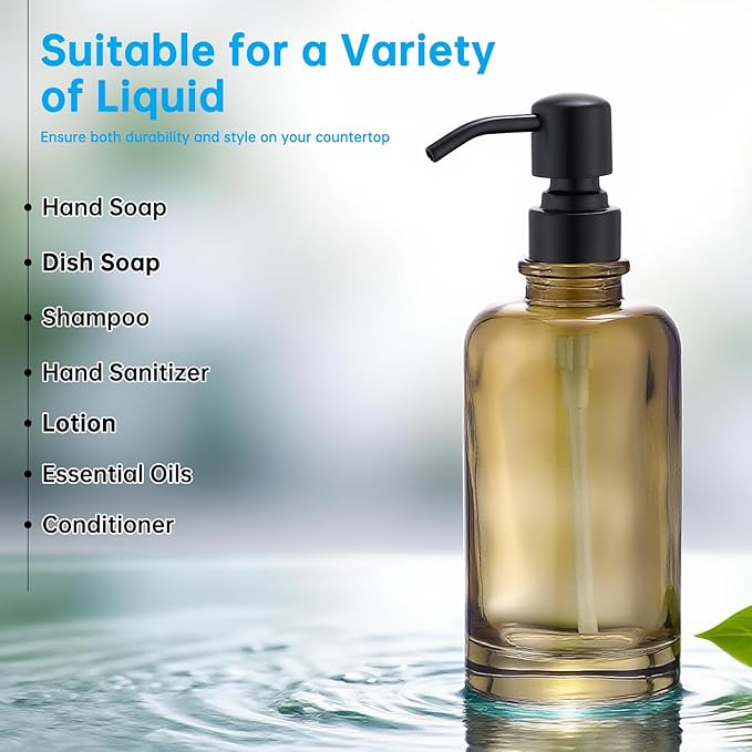 Glass Soap Dispenser Light Amber with Black Pump, 11 OZ Liquid Soap Dispenser Cylindrical Bottle with Stainless Steel Pump for Dish Hand Soap Bathroom Kitchen Vanity Countertop