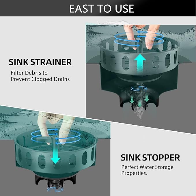 Black Sink Drain Kit - 3.5" Stainless Basket & Stopper for Kitchen Sink