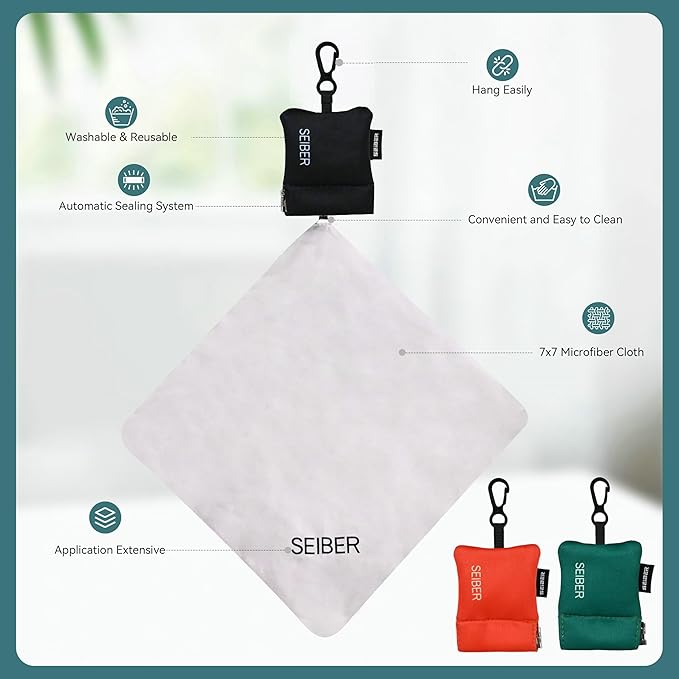 SEIBER Eyeglass Cleaning Cloth - with Neoprene Pouch | 7 x 7 inch Microfiber Glasses Clean Cloths for Sunglasses,Laptops, Cameras,Screen | Self-Closing Bottom(3PCS,BK OR GRN)