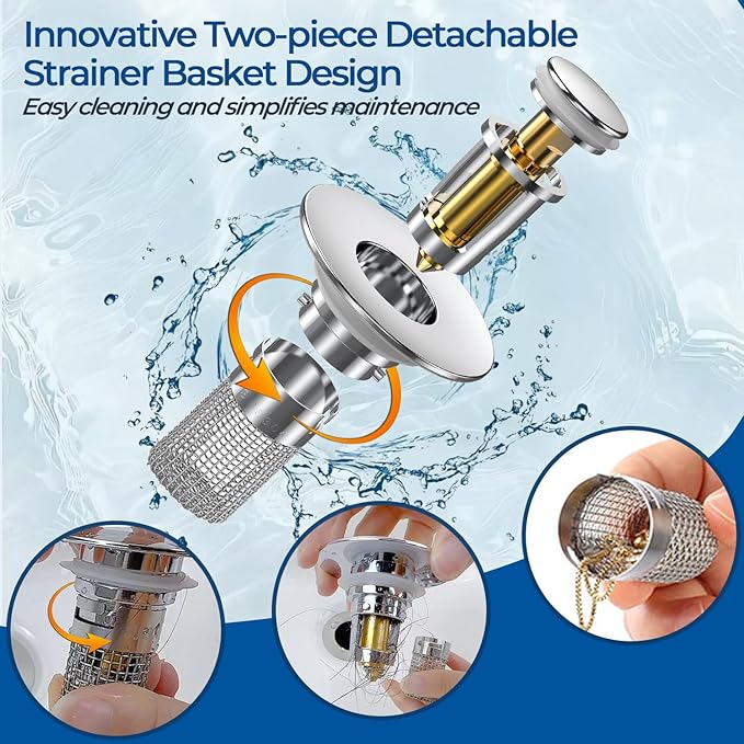 Sink Stopper Hair Catcher, Pop-up Sink Drain Strainer with Removable Stainless Steel Strainer Basket Hair Catcher