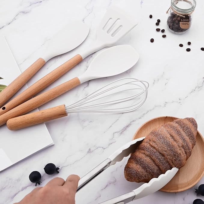 1pc White Silicone Tong with Wooden Handle, Heat Resistant Cooking Utensils, Silicone Tong for Salad BBQ Serving Buffet Frying Tongs