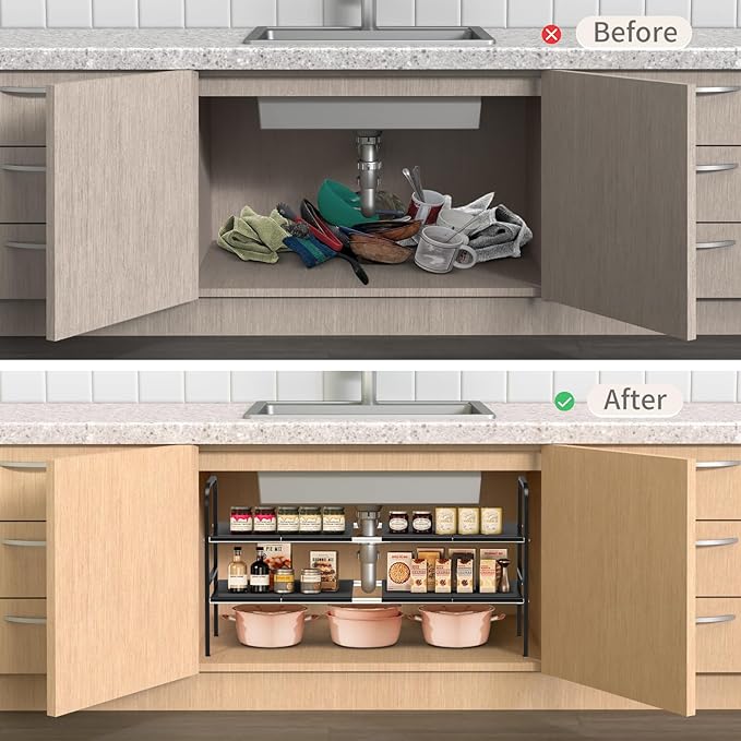 Expandable 2-Tier Under Sink Organizer, Black, 2-Tier 8 Boards