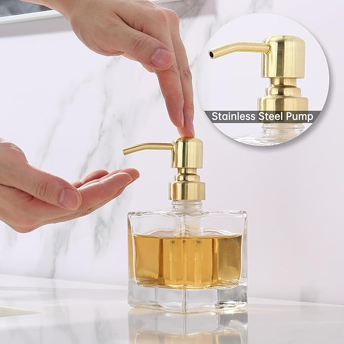 Square Bathroom Soap Dispenser Brushed Gold, Glass Bottles with Stainless Steel Pump 8.4 OZ Cube Liquid Soap Dispenser Hand Kitchen