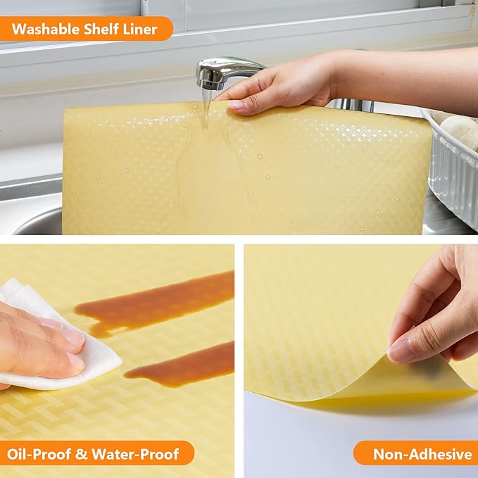 Shelf Liners for Kitchen Cabinets Refrigerator Liners Waterproof & Oil-Proof Kitchen Cupboard Liner Non Adhesive Drawer Mats Non Adhesive Cabinet Liners for Shelves -Yellow Beige 11.8 x 118 Inches