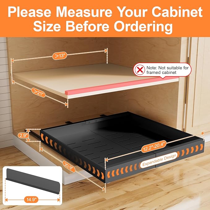 1 Pack Pull out Cabinet Organizer Expandable Width(12"-20") and 21"Depth, No Drill Adjustable Slide Out Drawers for Kitchen