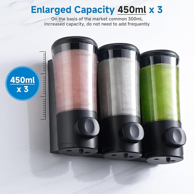 Shampoo Conditioner Body Wash Dispenser No Drill Shower Soap Dispenser Wall Mounted Shampoo Dispenser 3 Chamber with Upgrade Pump Head Bathroom Soap Dispenser 450ml/Each Black