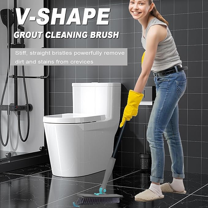 Grout Brush with Long Handle V Shape Floor Scrub Brush Stiff Bristle Grout Scrubber for Cleaning Bathroom Garage Kitchen Wall Tub Tile (1, Grey)