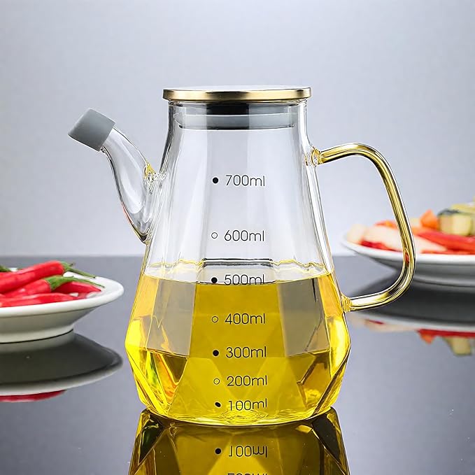 Glass Oil Dispenser Bottle - Glass Olive Oil Bottle for Kitchen, Wide Mouth Borosilicate Glass Cooking Oil Bottles with Lid and Handle (700ML)