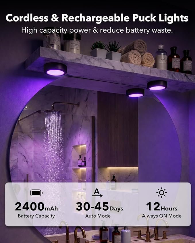 Rechargeable Puck Lights with Remote Control, Black 2400mAh Radar Motion Sensor RGB Under Cabinet Lighting Battery, Magnetic Color Changing Night Lights for Shelf, Showcase, Bookcase, Pantry, Wardrobe