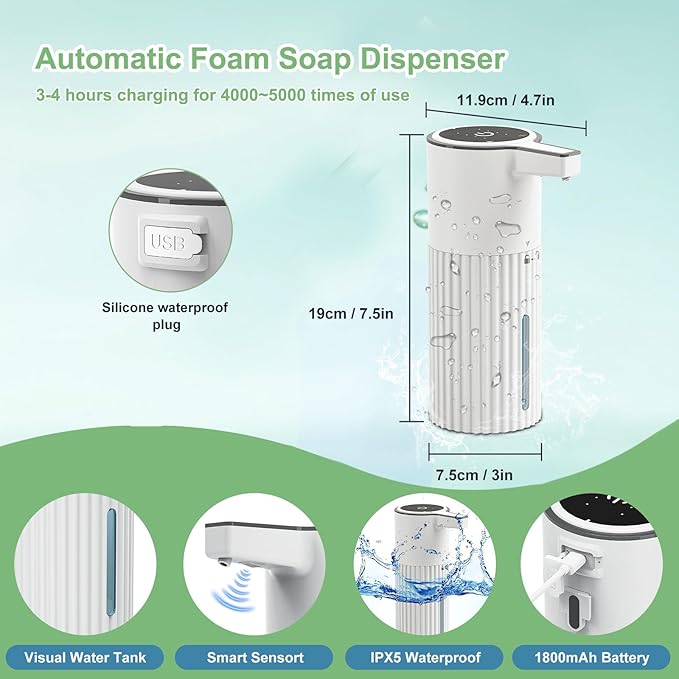 Automatic Soap Dispenser, Continuous Flow Control 400ml Large Capacity Rechargeable Waterproof Adjustable Volume Soap Dispenser for Bathroom & Kitchen(Foam)