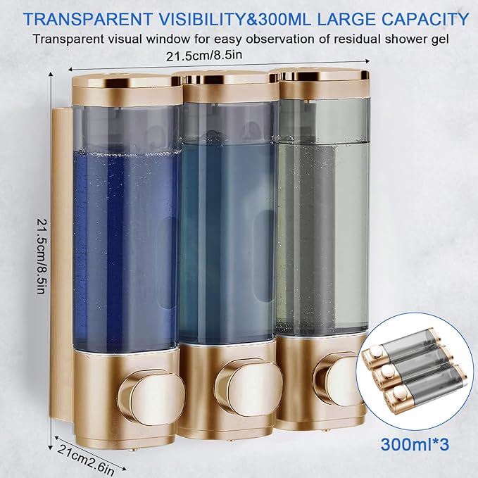 Shower Soap Dispenser Wall Mounted Shampoo and Conditioner Dispenser No Drill 3 Chamber Large Capacity for Bathroom Hotel, Gold