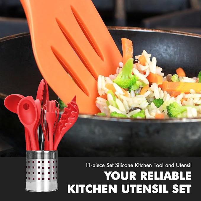 Chef Craft Premium Silicone Kitchen Tool and Utensil Set, 11 Piece Set, Red