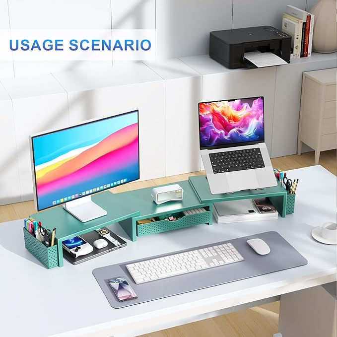 Dual Monitor Stand Riser, Desk Organizer With Drawer and 2 Pen Holders, Green