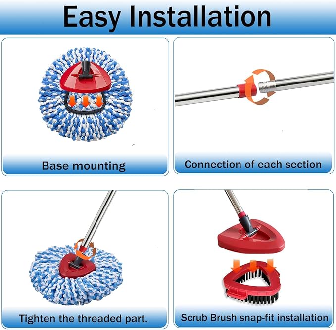 Spin Mop Replace Heads for O Cedar Rinse Clean 2 Tank System, Spin Mop Replacement Head 2 Microfiber Mop Refills, 1 Triangle Head Cover and 30-58in Handle 1 1Scrub Brush