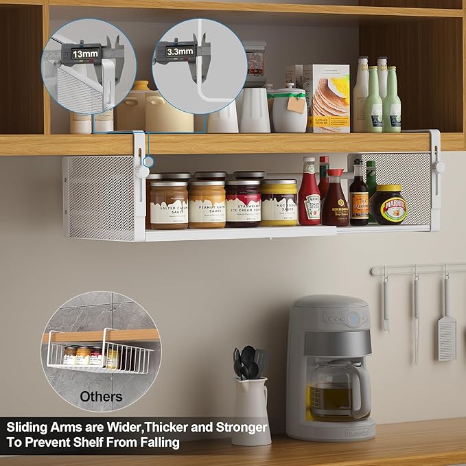 AmonHouseware 2Pack Under Shelf Basket, Adjustable Hanging Under Cabinet Shelf Storage, Hanging Holder Length Stretchable 14.9-22.6Inch for Kitchen Pantry Desk Counter Bookshelf Cupboard (White)
