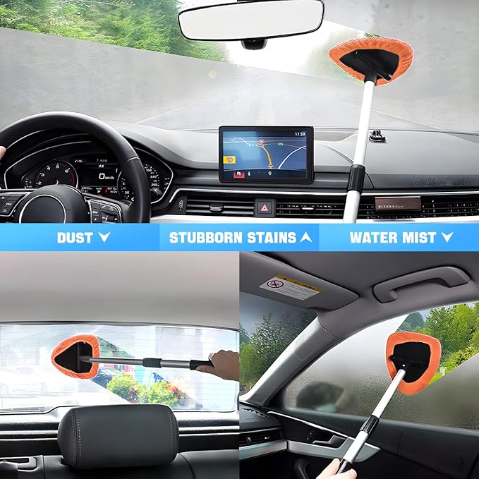 Windshield Cleaning Tool, Car Window Cleaner with Extendable Long Handle and 4 Washable Reusable Microfiber Pads