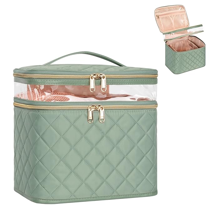 OCHEAL Large Makeup Bag, Double Layer Makeup Bag, Vertical Storage Cosmetic Case for Women/Girls with Multiple Compartments-Green