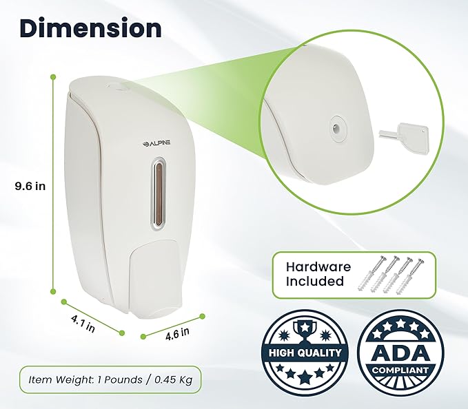 Alpine Manual Soap Dispenser Wall Mount - Commercial Soap Dispenser Wall Mounted for Liquid Soap & Hand Sanitizer in Bathroom, Kitchen, Refillable Large 800 ml Capacity (White)