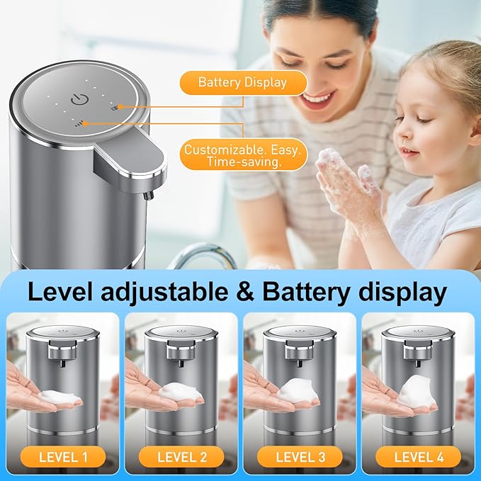 Automatic Foaming Soap Dispenser,Type-C Rechargeable Smart Hand Soap Dispenser,4-Level Adjustable, 13.5oz/380ml IPX5 Waterproof Wall Mounted for Bathroom Kitchen Dish Soap