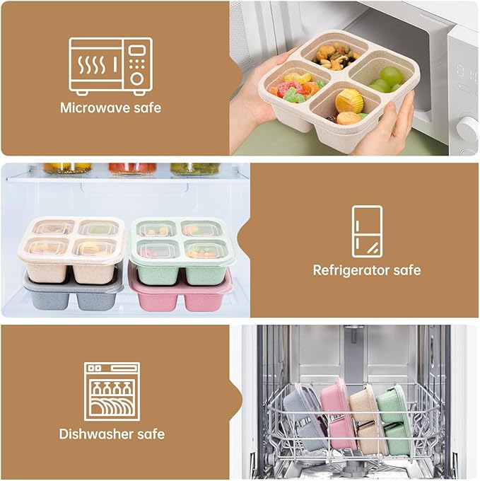 4 Pack Bento Lunch Box，4 Compartment Snack Containers，Divided Bento Snack Box，Meal Prep Containers Kids/Toddle/Adults