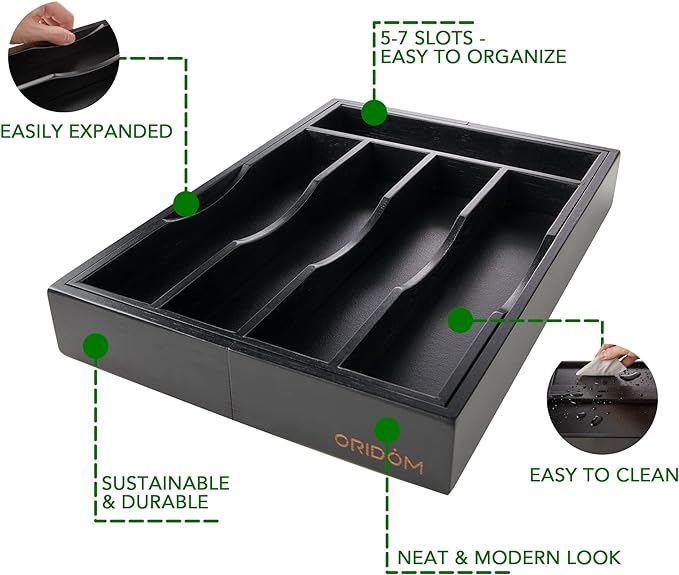 Expandable Bamboo Kitchen Drawer Organizer for Cutlery and Utensils, Black