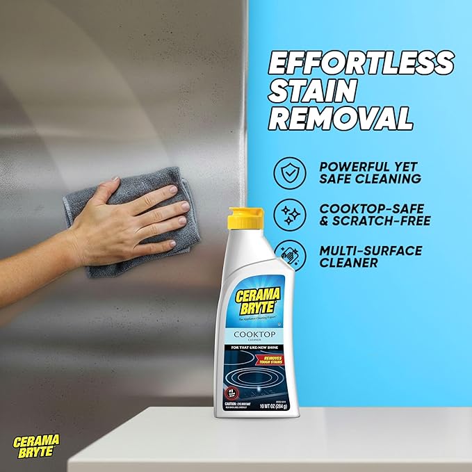 Cerama Bryte Glass Cooktop and Stove Top Cleaner Combo Kit - Includes Cleaning Tool, Razor, Scraper and 3 Pads to Remove Tough Stains - Use on Gas