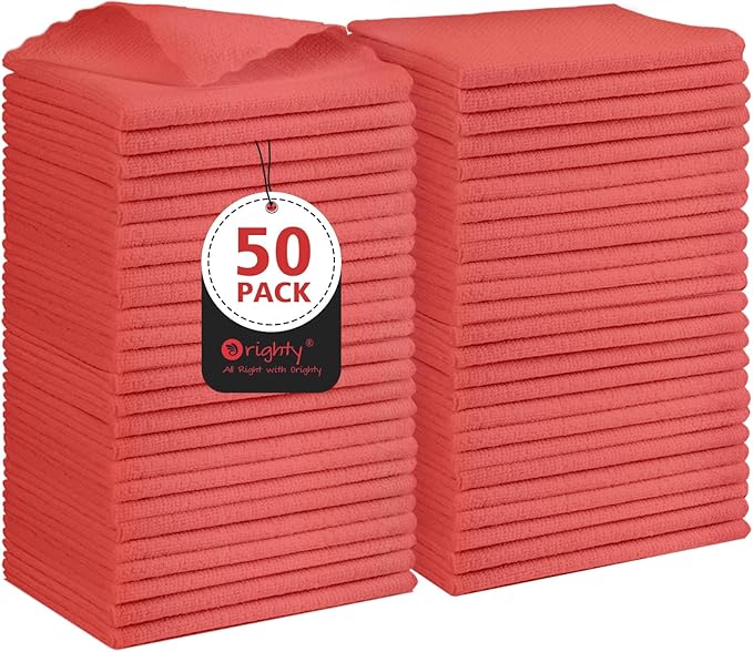 Orighty Cleaning Cloths, Shop Towels 50 Pack, Shop Rags Reusable, Microfiber Cleaning Rags Bulk for Cars, Multi-Purpose Lint Free Towels for Automotive, Mechanic, Kitchen, 11.5’’ x 11.5’’, Red