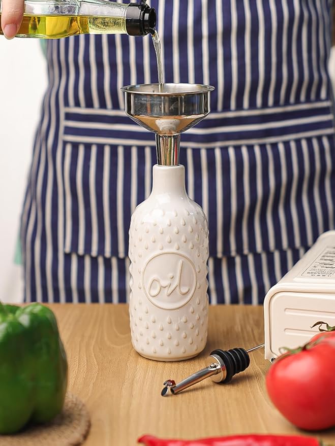 GDCZ Ceramic Olive Oil Dispenser Bottle, 15 Oz Relief Opaque Oil Cruet for Kitchen Counter, Oil Dispenser for Storage Oil, Vinegar, Soy Sauce, Coffee Syrup, Liquids (White)