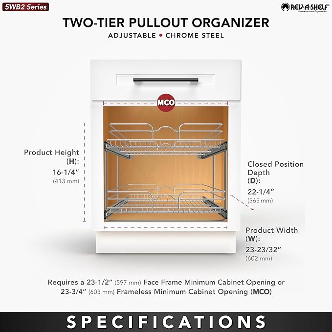 Rev-A-Shelf 2-Tier Kitchen Cabinet Pullout Shelf and Drawer Organizer Slide Out Pantry Storage Basket in Multiple Sizes, 24 x 22 In, 5WB2-2422-CR-1