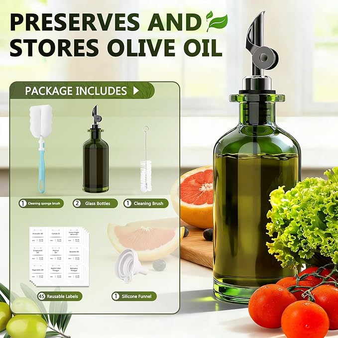 COOLMI Oil Dispenser for Kitchen - 12oz/350ml, Set of 2 Extra Thick Food Grade Glass Olive Oil Dispenser Bottle with Cleaning Brush, Stickers and Funnel (Black)
