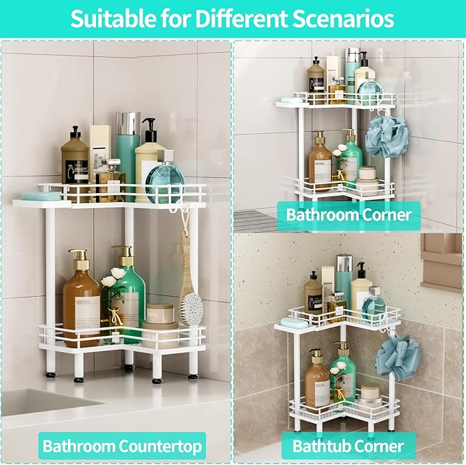 HapiRm Corner Shower Caddy Standing - 2 Tier Shower Organizer Corner with Soap Holder, Rustproof Bathroom Standing Organizer with 2 Hooks, White