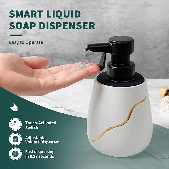 BosilunLife Automatic Soap Dispenser Bathroom - Liquid Hand Free Dispenser Battery Operated Smart Electric Lotion Soap Dispenser with Waterproof Pump Dish Soap Dispenser Ceramic White, 17oz