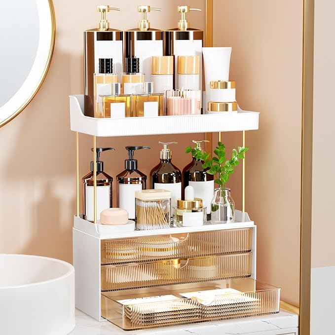 3 Large Drawers Makeup Organizer, 5 Tier Bathroom Counter Organizers and Storage