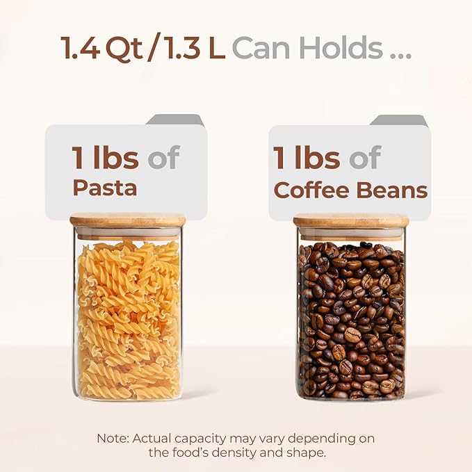 ComSaf 1.4 Qt Glass Storage Containers with Lids, Glass Jars with Lids, Clear Food Storage Jar, Square Canister Set of 3, Pantry Organizers and Storage for Flour Oat Pasta Tea Cookie Coffee Bean