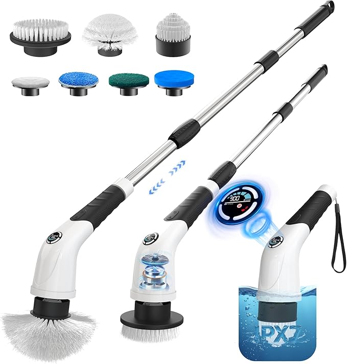 Cordless Electric Spin Scrubber, IPX7 Waterproof Rechargeable Power Cleaning Brush with 4000mAh Battery, 210min Runtime, 7 Brush Heads, 3 Adjustable Speeds, for Shower, Tub, Tile, Kitchen, Floor