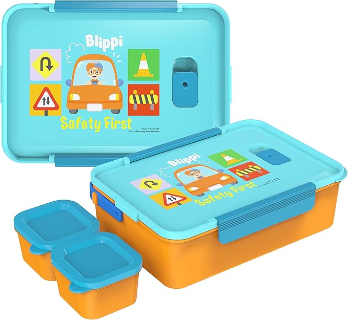 Zak Designs Blippi Reusable Plastic Bento Box with Leak-Proof Seal, Carrying Handle, Microwave Steam Vent, and Individual Containers for Kids' Packed Lunch (3-Piece Set)