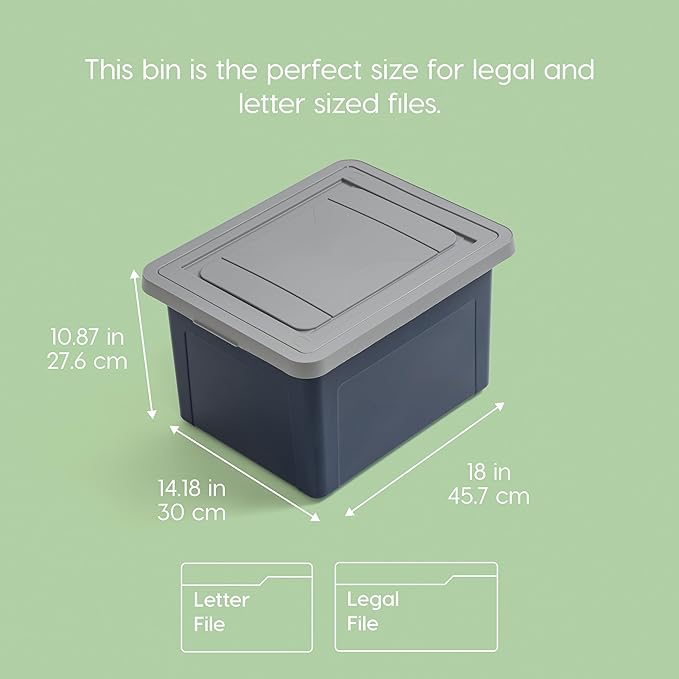 IRIS USA File Box Plastic File Organizer for Letter/Legal File, Document Box, Durable Storage Bin Tote with Secure Latching Lid, Stackable, BPA-Free, Eco Friendly, Sustainable, Navy/Gray 35 Qt. 4 Pack