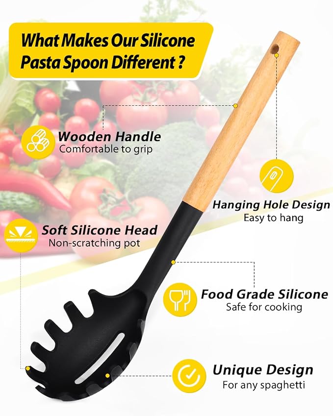 Pack of 2 Spaghetti Spoon, Silicone Pasta Fork with Wooden Handle, Heat Resistant Noodle Spoon Server, BPA Free Spaghetti Strainer(BLACK-GRAY)