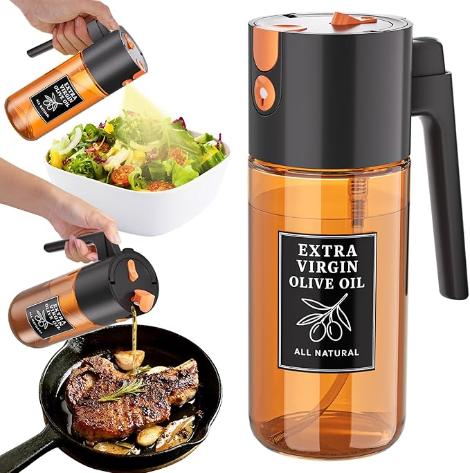 500ml Black Oil Sprayer and Dispenser, 2-in-1 Glass Spray Bottle for Air Fryer, BBQ, Salad, Baking, Refillable Leak-Resistant Oil Mister