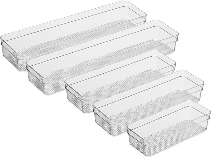 Oggi Set of 5 Clear Drawer Organizers - (1) 3x6.25, (2) 3x9.5, (2) 3x12.5 - Ideal for Organizing Kitchen Drawers, Office, Desk, Silverware, Kitchen Utensils, Cosmetics and Bathrooms
